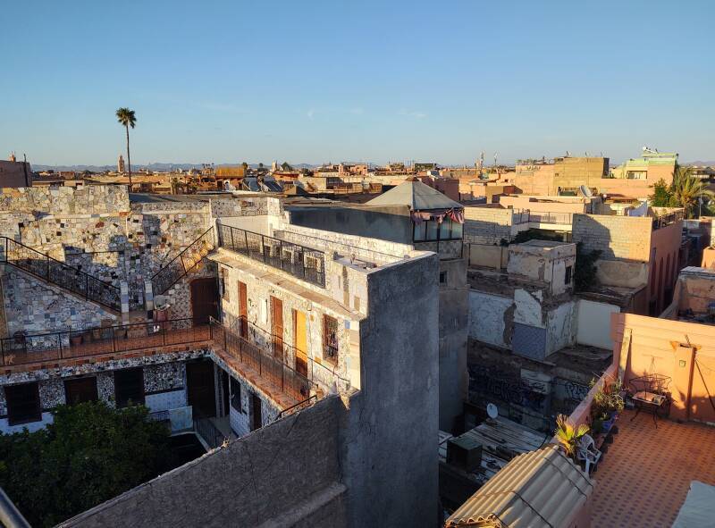 View over the Marrakech medina from a guesthouse rooftop.