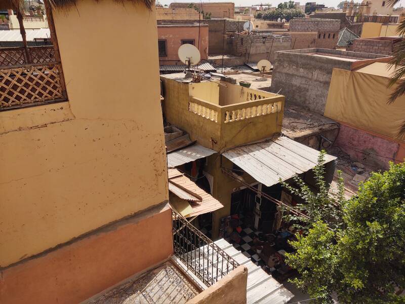 View over the rooftops and down into the Marrakech medina.