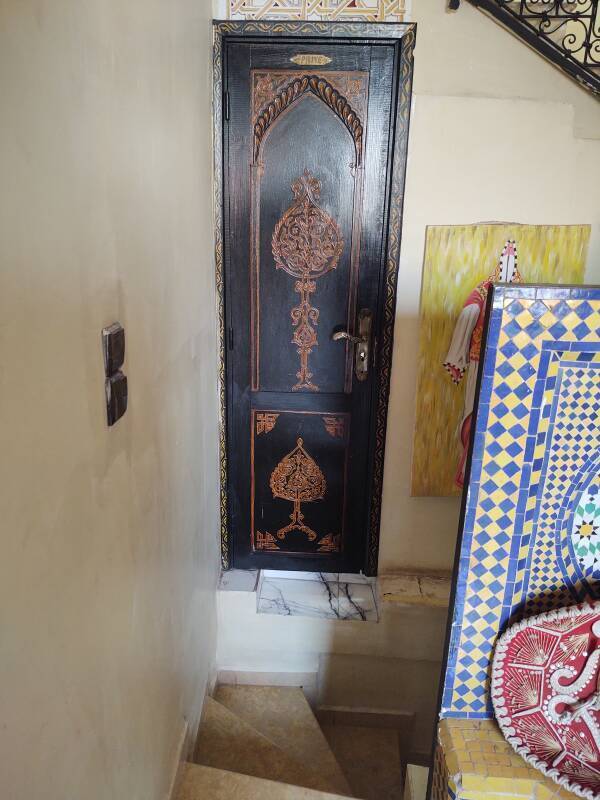 Extremely narrow door in a tea shop in the medina in Marrakech.