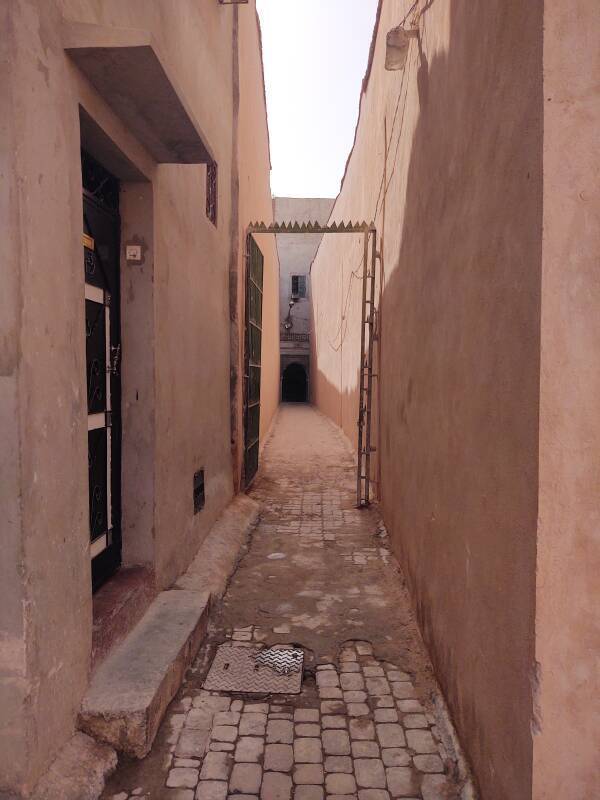 Narrow passageway in a funduq in the medina in Marrakech.