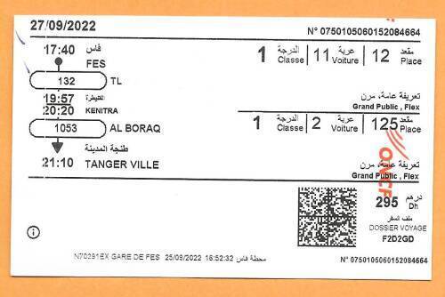 Train ticket from Fez to Tangier via Kénitra. By overnight train to Marrakech.