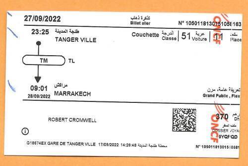 Train ticket from Fez to Tangier via Kénitra. By overnight train to Marrakech.