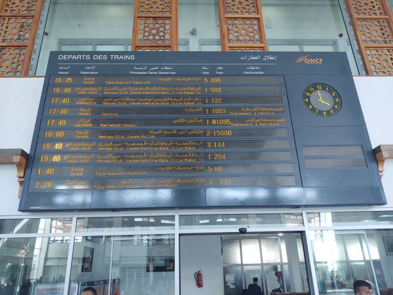 Schedule board at Gare Fez. By overnight train to Marrakech.