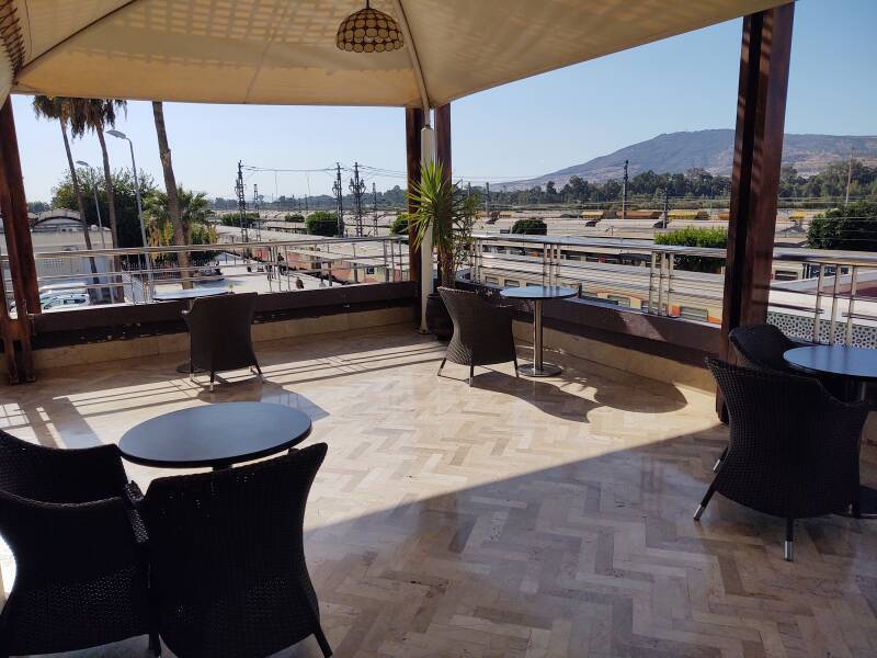 Having tea on the balcony at Gare Fez. By overnight train to Marrakech.