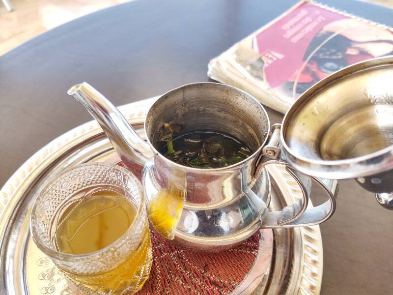 Having tea on the balcony at Gare Fez. By overnight train to Marrakech.