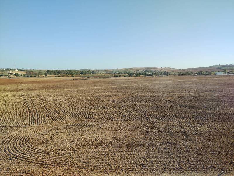 View of the Moroccan countryside from on board the train from Fez to Kénitra. By overnight train to Marrakech.