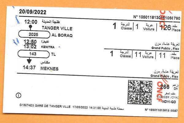 Ticket for a train from Tangier to Meknès in Morocco.