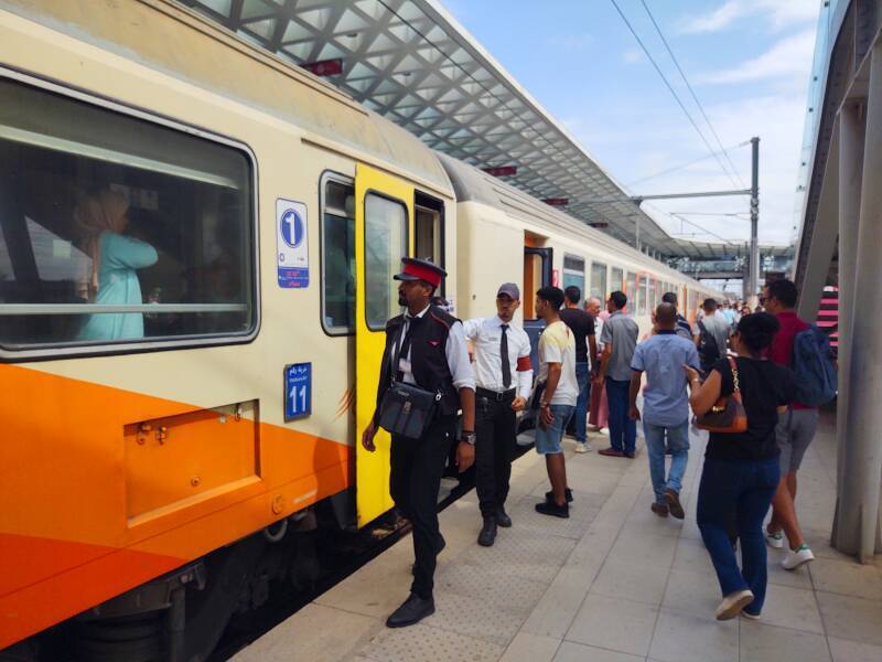 Boarding my train at the Kenitra train station.