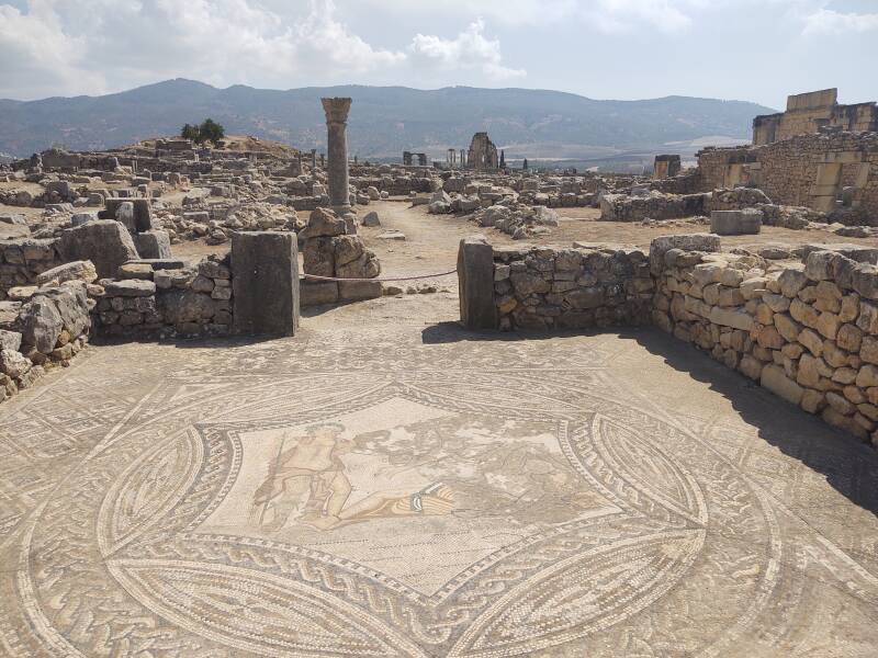 Mosaic of Bacchus seeing the sleeping Ariadne in the House of the Knight at the Volubilis archaeological site in Morocco.