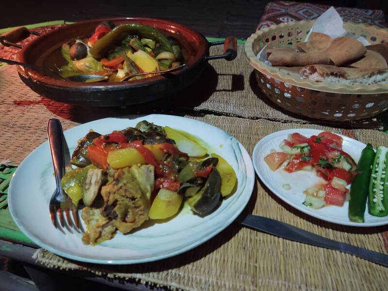 Dinner at Auberge La Palmeraie: chicken and vegetable tajine, salad, bread.