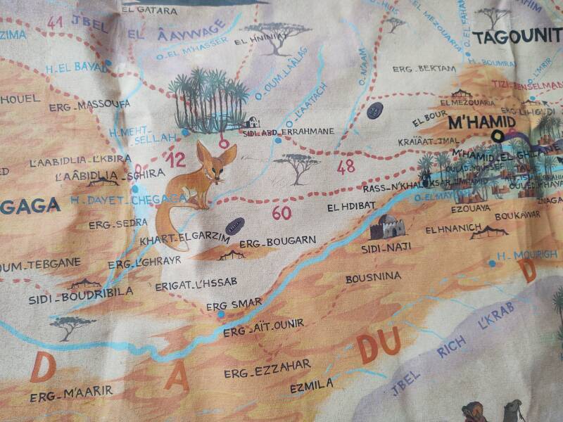 Map showing treks west into the dunes from M'Hamid.