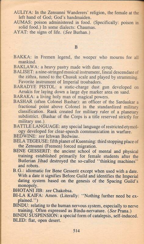 Glossary from Frank Herbert's 'Dune' showing the meaning of bled: flat, open desert.