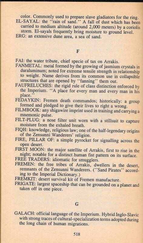 Glossary from Frank Herbert's 'Dune' showing the meaning of erg: an extensive dune area, a sea of sand.