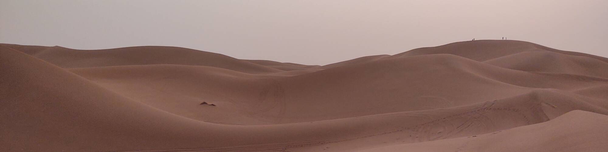 People standing on top of a distant dune at Erg Chigaga.