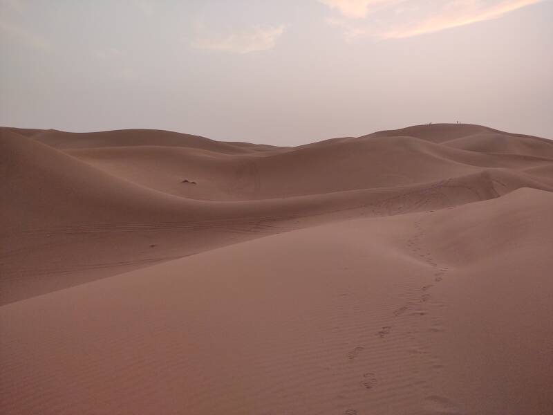 People on top of a dune in the distance, footprints in the foreground and off-road vehicle tracks beyond that, sun low above the dunes.