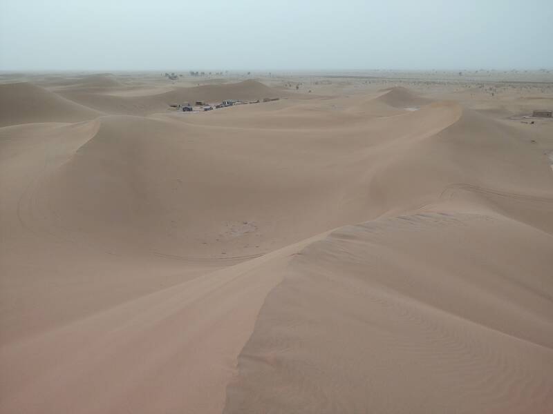 Two camps between low dunes along the north edge of Erg Chigaga. Open bled and acacia trees beyond that.
