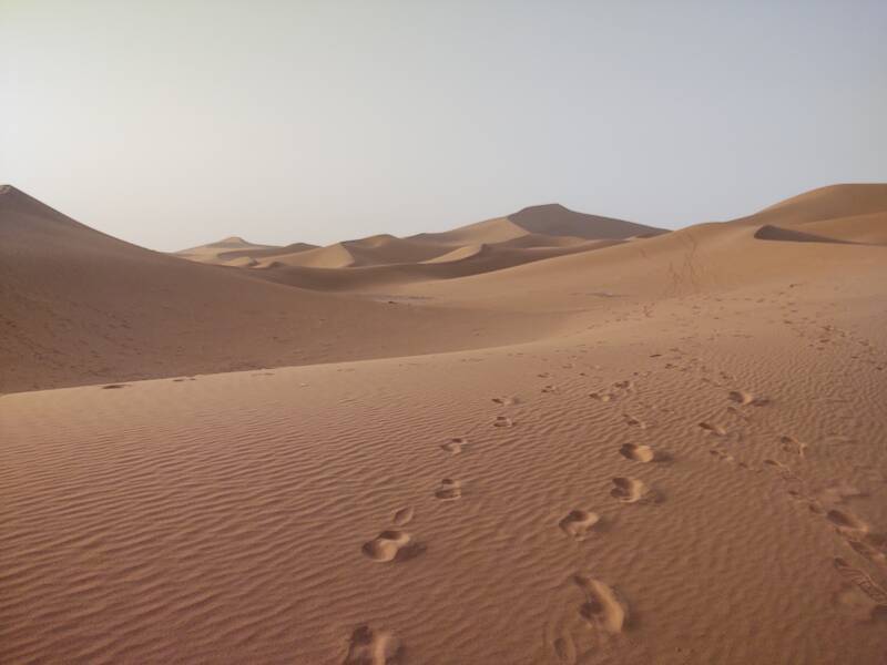 Footsteps in the sand at Erg Chigaga.