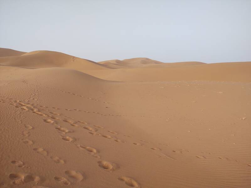 Footsteps in the sand at Erg Chigaga.