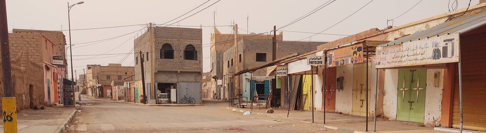 Businesses around the central square in M'Hamid el Ghizlane, Morocco.