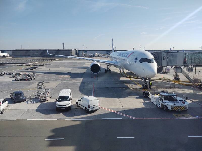 Airbus A350-900 at Paris Charles de Gaulle airport, preparing to fly to Chicago.