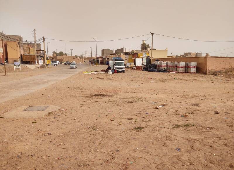 Where the shared taxis drop you off in M'Hamid el Ghizlane, looking toward the traffic circle at the end of highway N9.