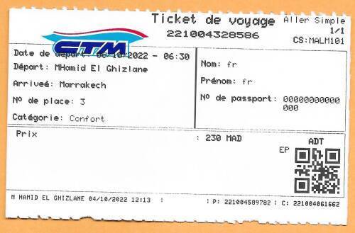 230 Dirham ticket for a bus from M'Hamid el Ghizlane to Marrakech.