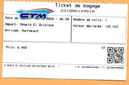 6 Dirham ticket to store a bag in the baggage compartment.