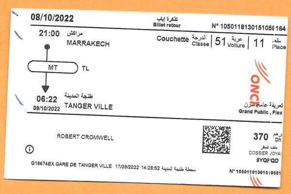 Ticket for the sleeper train from Marrakech to Tangier.