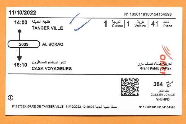 Ticket for Al Boraq high-speed train from Tangier to Casablanca.