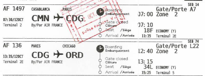 Air France ticket for Casablanca-Paris-Chicago.