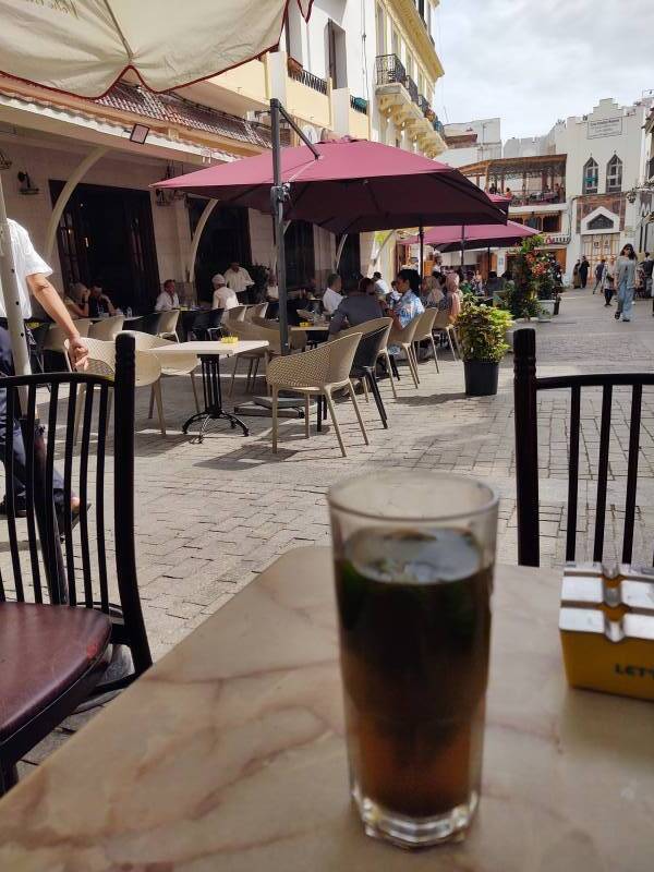 Mint tea at a café in Souq Dakhli or Petit Socco in the Tangier medina.