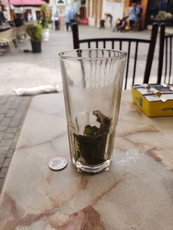 Mint tea at a café in Souq Dakhli or Petit Socco in the Tangier medina.