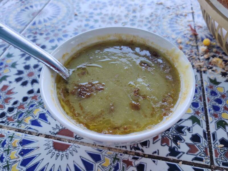 Bisara, split-pea soup with cumin and olive oil at Café Hafa in Tangier.