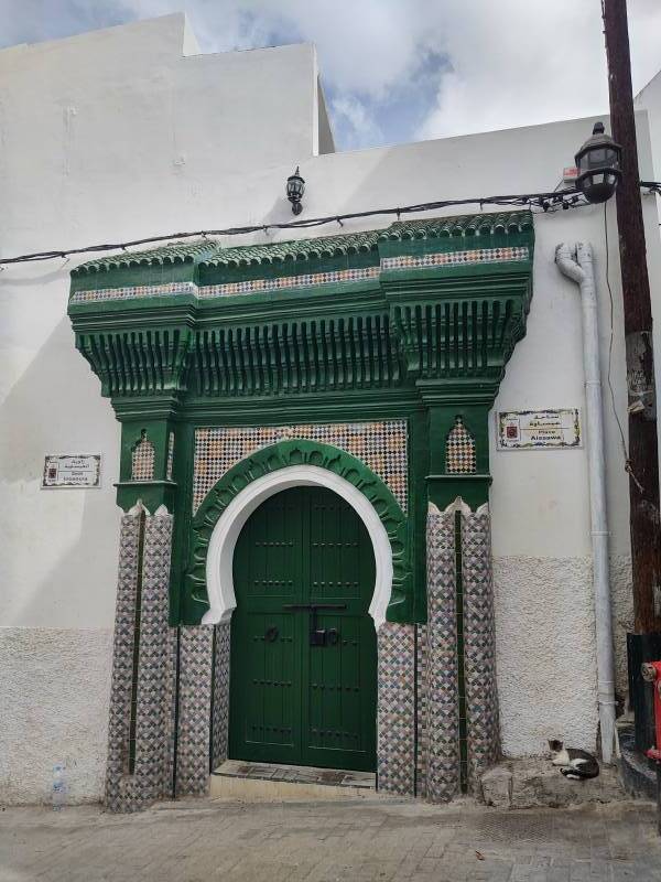 Ornamented door at Zaoula Issaouia in Place Aissawa in the Tangier medina.