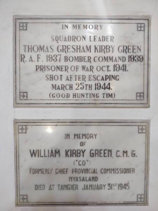 Memorial plaque for Tomas Gresham Kirby-Green and his father William Kirby-Green in the sanctuary of Saint Andrew's Anglican church in Tangier.