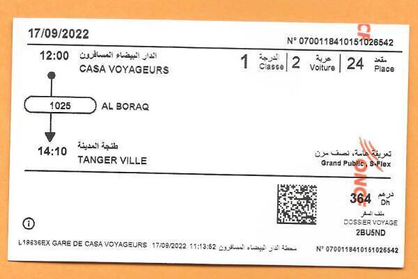 First-class ticket for the al-Boraq high-speed train from Casablanca to Tangier.