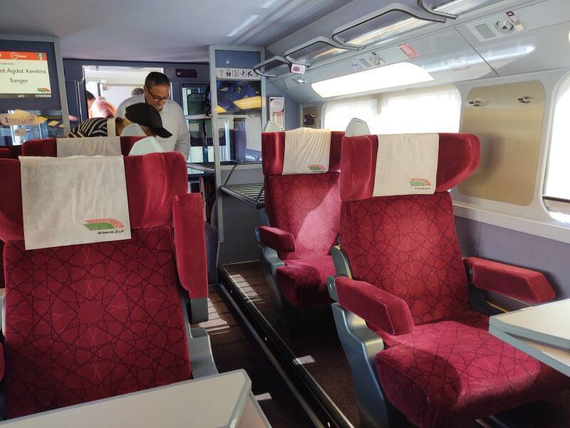 First-class seats on board Al Boraq high-speed train from Casablanca to Tangier.