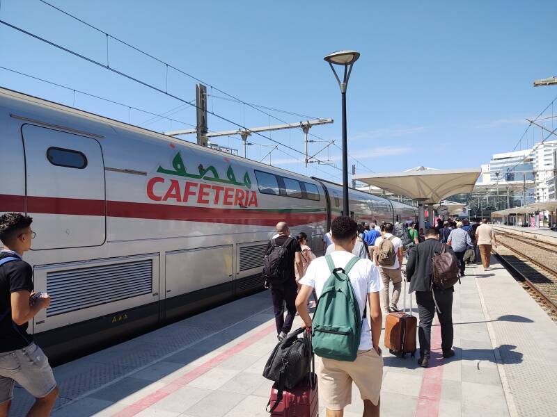 Al Boraq high-speed train arriving at Tangier Ville station.