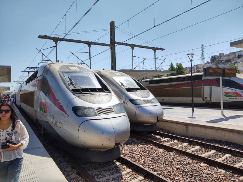 Al Boraq high-speed train arriving at Tangier Ville station.