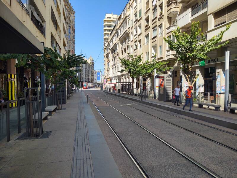 Tram taking me to Casa Voyageurs train station in Casablanca.