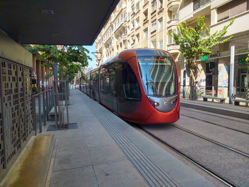 Tram taking me to Casa Voyageurs train station in Casablanca.