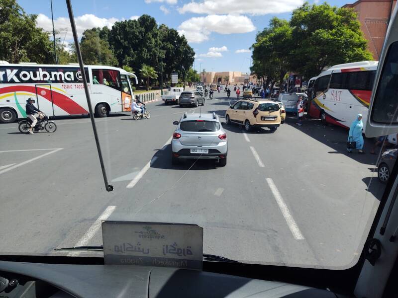 Marrakech traffic seen from on board the bus from Marrakech to Zagora.