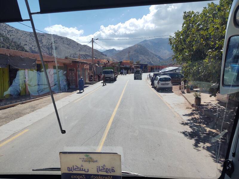 Buildings line the road through Zerkten in the Atlas Mountains.