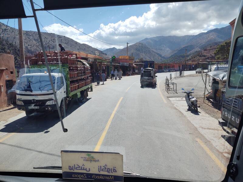 Buildings line the road through Zerkten in the Atlas Mountains.