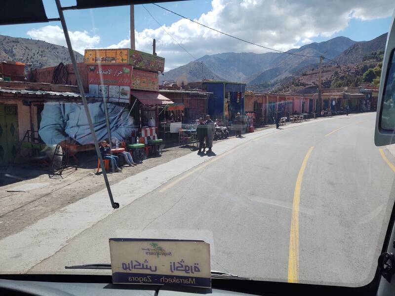 Buildings line the road through Zerkten in the Atlas Mountains.