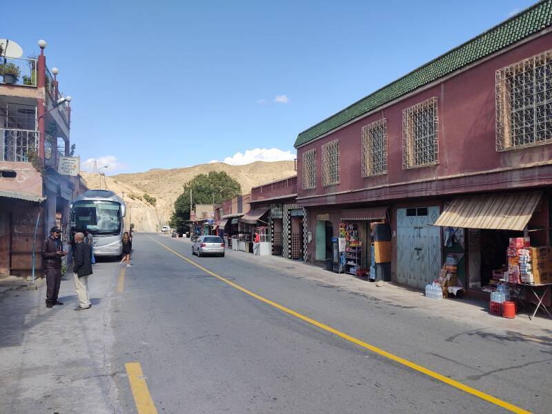 Businesses line the road through Taddart Izdar in the Atlas Mountains.