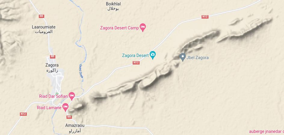Google Map terrain map showing the Jebel Zagora chain of volcanic peaks running east-northeast from Zagora.