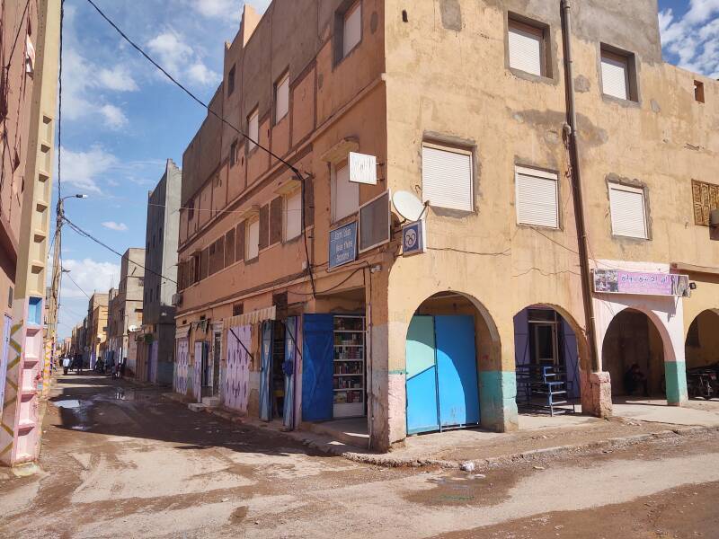 Side street with a small grocery on the corner in Zagora, Morocco.