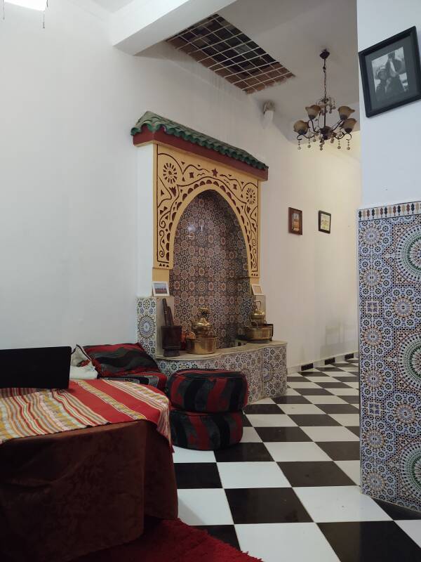 Zellij tilework on the walls and an elaborate fountain in the guesthouse.