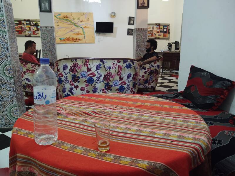 Dinner table in the guesthouse shared room in Zagora, Morocco.